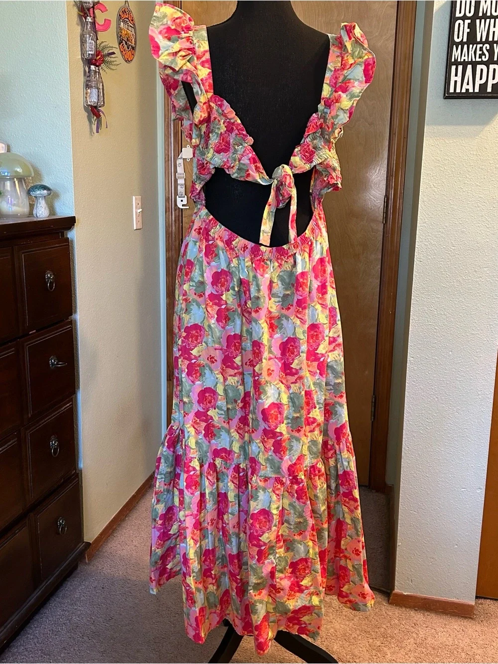 Peyton & Parker pink floral tiered maxi dress tie back design open back ruffle L - Picture 3 of 10